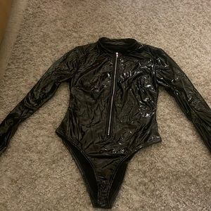 Faux latex body zip up body suit